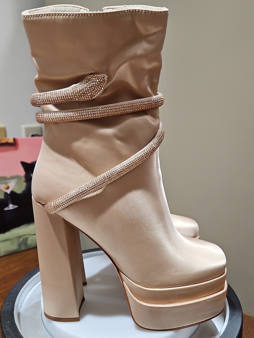 Vivianly Champagne Nude Platform Ankle Boots with Rhinestone Wrap